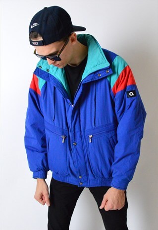 VINTAGE 90S BLUE COLOUR BLOCK WARM PADDED WINTER SKI JACKET
