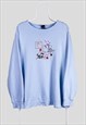 Vintage Embroidered Cats Baby Blue Sweatshirt Oversized 3XL