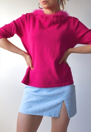 VINTAGE 90S Y2K PINK FEATHER TRIM COLLAR HOT PINK JUMPER