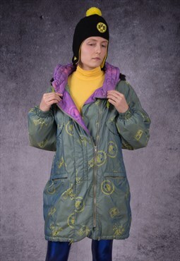 90s hooded parka jacket with abstract print and multicolor