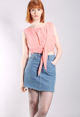 VINTAGE 80S PEACH SLEEVELESS CROPPED TIE UP BUTTON TOP