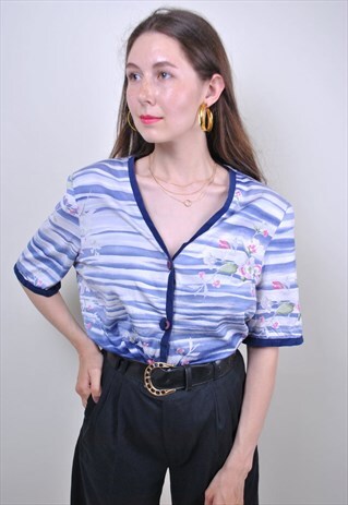VINTAGE BLUE STRIPED BLOUSE, 80S FLORAL PRINT SHIRT, SIZE M