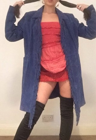 VINTAGE 90S BLUE SUEDE TASSEL HIPPY JACKET COAT