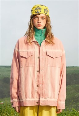 Bleached denim jacket distressed jean varsity coat in pink 