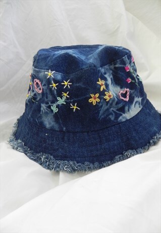 REWORKED DENIM TIE DYE FLORAL HAND EMBROIDERY BUCKET HAT
