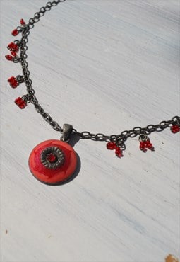 Deadstock enamel red crystal pendant beaded chain necklace.