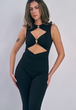 Black Cut Out Gold Detail Sleeveless Jumpsuit