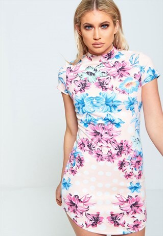 PINK FLORAL FAUX SUEDE BODYCON MINI DRESS
