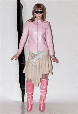 Vintage Y2K soft girl straight leather jacket in pastel pink