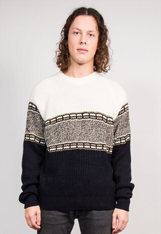 VINTAGE 90'S COLOURBLOCK PATTERN FISHERMAN KNIT JUMPER