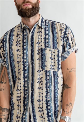 VINTAGE 70S BOHO FUNKY SHIRT IN AZTEC PATTERN