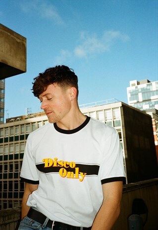 DISCO ONLY 70S RINGER RETRO GRAPHIC TEE IN WHITE