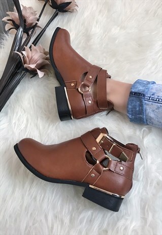 BROWN CUT-OUT ANKLE BOOTS