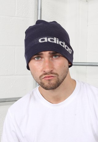 Vintage Adidas Beanie in Navy with Spell Out Logo One Size