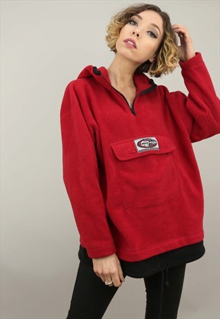 VINTAGE 90S OVERSIZED RED 1/4 ZIP FLEECE WITH HOOD