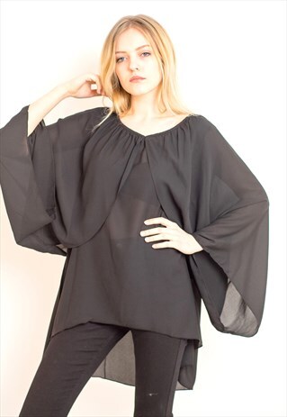 LONG SLEEVES OVERSIZE CHIFFON KIMONO CAPE JACKET BLACK