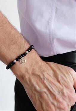 Om Charm with Onyx Power Bead Bracelet Men Silver