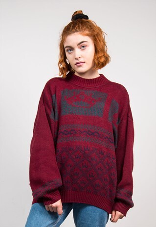 VINTAGE 90'S RED PATTERNED KNIT OVERSIZE JUMPER