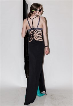 Vintage Y2K side slit strapped backless dress in ink black