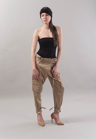 TAPERED PANTS/LOOSE/STRAIGHT LEG/TROUSERS/BEIGE/BELT/F1813