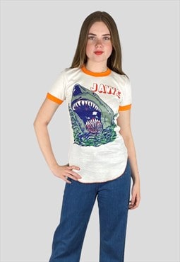 70's Vintage Ladies White Jaws Movie Theme T Shirt