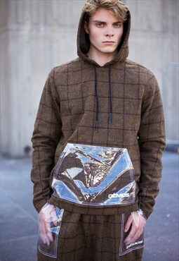 Brown Checked Premium thick wool oversized hoodies Y2k