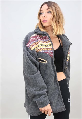 VINTAGE 90S OVERSIZED GREY PATTERNED ZIP UP FLEECE