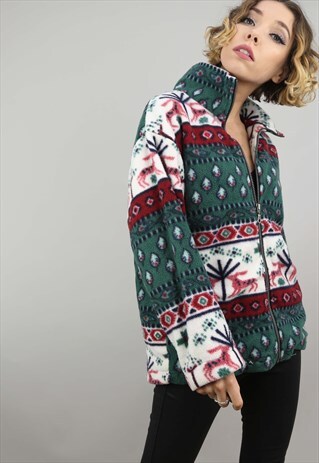 VINTAGE 90S OVERSIZED ZIP UP PATTERNED FLEECE JACKET