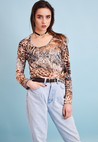 90'S RETRO ANIMAL PRINT KITSCH SHEER MESH TOP BLOUSE