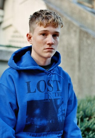 ROYAL BLUE HOODIE WITH PRINTED 'LOST IN THE UNKNOWN' DESIGN