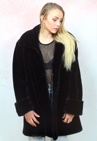 1990S VINTAGE JET BLACK SOFT FAUX FUR COAT