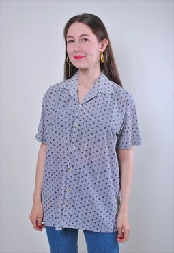 Dot print women vintage grey short sleeve blouse 