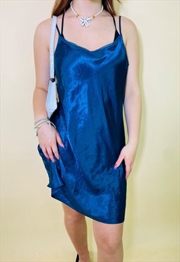 Vintage 00s Y2K Blue Satin Summer Slip Dress