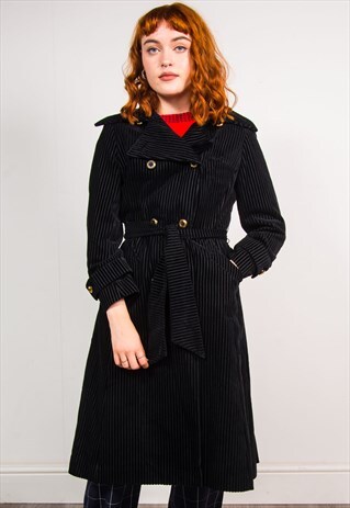 VINTAGE 70'S BLACK VELVET RIBBED LONG MAC COAT