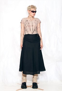 Vintage 90s Midi Skirt in Black Linen