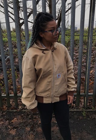 VINTAGE CARHARTT CANVAS TAN WORK JACKET HOODIE BOMBER
