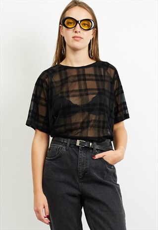 90S VINTAGE BLACK SEE THROUGH CREW NECK CHECKERED T-SHIRT