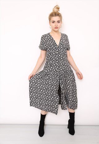 VINTAGE 90S BLACK FLORAL POLKADOT BUTTON MIDI DRESS