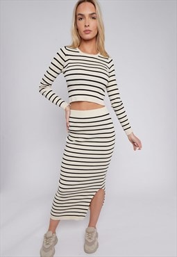 JUSTYOUROUTFIT Striped Knitted Crop Top and Maxi Skirt Set