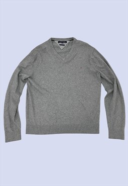Grey Pima Cotton Knit V Neck Long Sleeve Jumper