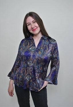 Purple paisley blouse, vintage boho shirt, abstract print 