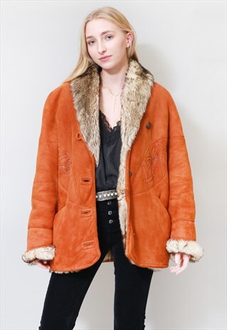 VINTAGE 1970'S ORANGE EMBROIDERED SHEARLING AVIATOR COAT