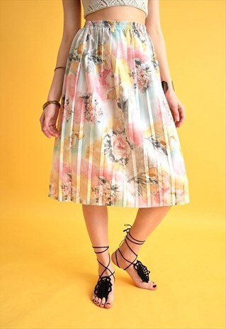 VINTAGE 80'S FESTIVAL FLORAL PRINT PLEATED MIDI SUMMER SKIRT