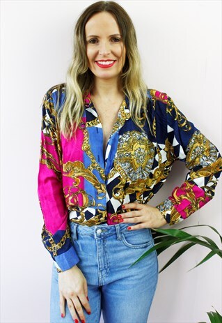 VINTAGE 80'S RETRO CHAIN PRINT SHIRT BLOUSE