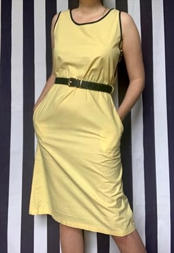Vintage 80s Yellow Midi Sleeveless Cotton Dress, UK14/16