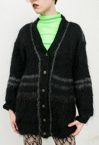 VINTAGE KNITTED CARDIGAN BLACK GRAY HAND KNITTED LONG SLEEVE