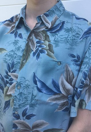 MENS VINTAGE 80S SHIRT BLUE SHORT SLEEVE HAWAIIAN SHIRT TOP