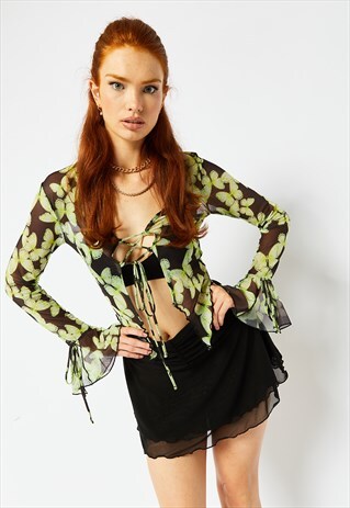 SKINNYDIP LONDON BUTTERFLY PRINT LACE UP CARDI TOP IN GREEN