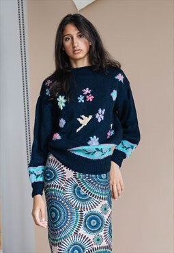 Vintage Chic Roundneck Knitted Jumper in Bird and Floral S