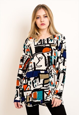 MULTI COLOR GRAFFITI PRINT OVERSIZED TOP IN BLUE CY